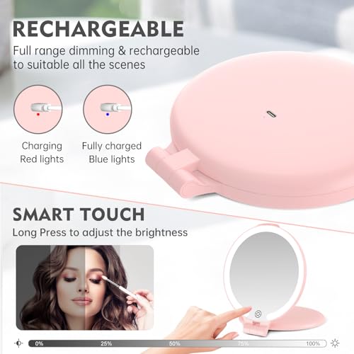 FUNTOUCH 7-Inch Rechargeable Travel Makeup Mirror with 10X Magnification & LED Light, Pink