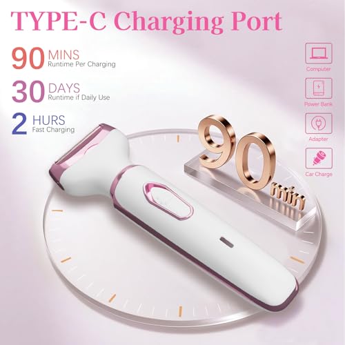 Women's Electric Shaver 4-in-1 - Waterproof Painless Hair Remover for Bikini, Face & Body, Cordless Wet/Dry Trimmer with Nose & Eyebrow Heads, Fast USB-C Charging, Gift for Women