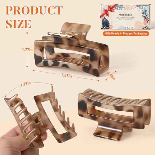 Auseibeely 6 Pcs Rectangle Tortoise Shell Claw Clip - 3.35 Inch Medium Hair Clips for Women and Girls, Non-slip Square Claw Clips for Thick/Thin Hair, Banana Jaw Clips Accessories for Christmas Gift