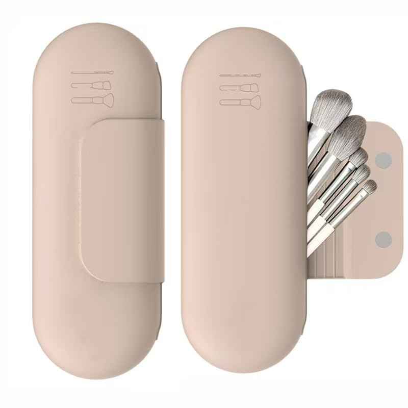 Silicone Makeup Brush Holder Travel Cosmetic Bag,Travel Make up Brush Holder,Anti-Fall Out Magnetic Closure,Essentials for Women (Khaki)