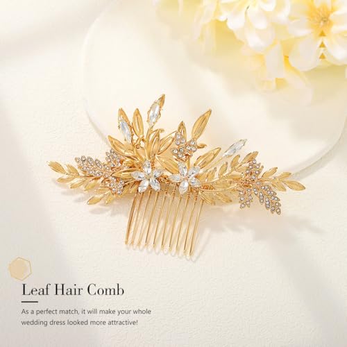 Gold Leaf Wedding Hair Comb with Crystals
