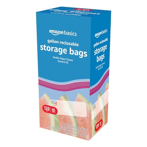 Amazon Basics Gallon Food Storage Bags 120 Count with Double Zipper Seal, Stand & Fill Base