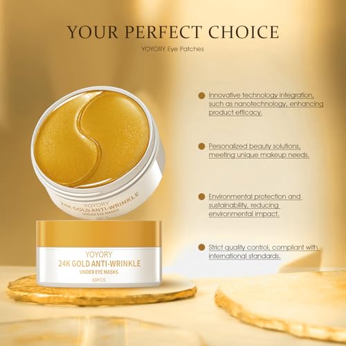 Under Eye Patches Masks - 24K Gold Eye Patch for Dark Circles & Puffy Eyesg,Fine Lines,Eye Bags, Wrinkle,Contains Caffeine and Collagen, Hydration for Women and Men, (60 Pcs) Gold