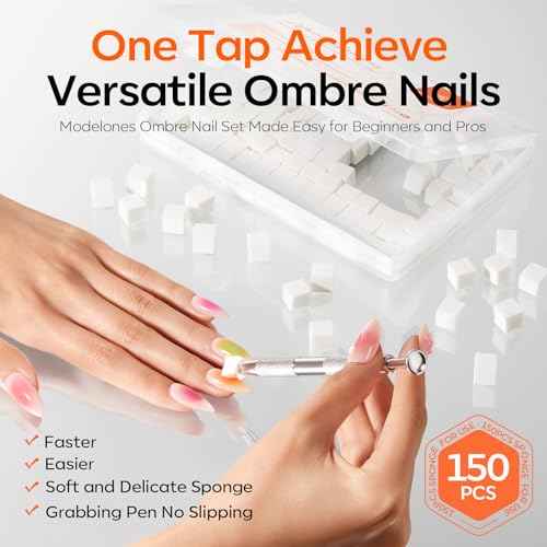 Modelones 150pcs Nail Sponges for Ombre, Nail Art Sponge with Grabbing Pen Reusable Soft Sponges for Gradient Ombre Blush Chrome Design Effects Professional Nail Stuff Supplies DIY