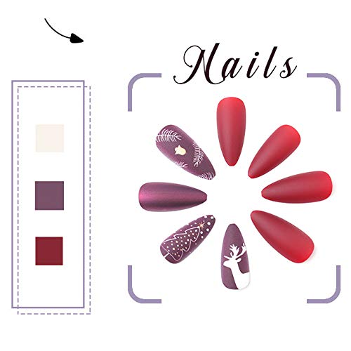 Gangel Red Matte False Nails Xmas Fake Nail Full Cover Christmas Long Fake Nails Snow Deer Acrylic Press on Nails Daily Wear Gifts for Women and Girls 24Pcs (RED2)