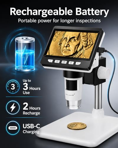 AOPICK White Digital Coin Microscope 1000X with 4.3" LCD, 1080P USB, 8 LED Lights