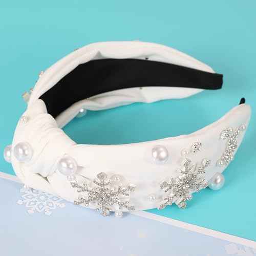 Christmas Snowflake Headbands for Women Crystal Pearl Tree Snowflake Knotted Headband Embellished Wide Twist Xmas Hairband Holiday Christmas Headpiece Outfits Accessories
