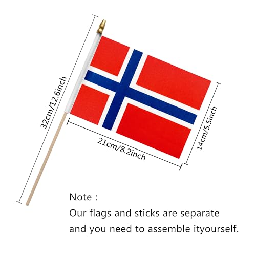 Norway Stick Flags - Mini Hand Held 5.5x8 Inch, 12 Pack