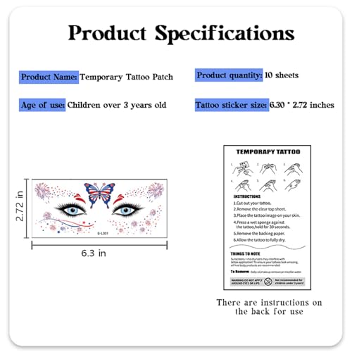 4th of July Face Tattoo Stickers for Kids Adults, 10 Sheets Independence Day Temporary Tattoo Red White Blue USA Flag Patriotic Party Supplies Fake Tattoos for Eye Makeup Face Decor