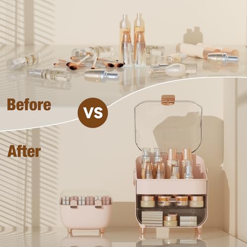 Makeup Organizer for Vanity with perfume Storage Box, Countertop Skincare Organizer with 2 Drawers, Cosmetic Display Case for Perfumes, Eyeshadow Palettes, Nail Polishes, Pink