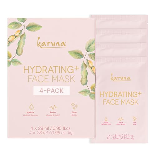 Karuna Skin - Hydrating+ Facial Mask for Well-Moisturized & Hydrated Skin, Glow-Enhancing Facial Skin Care Products, Hydrating Face Masks with Natto, Niacinamide & Sodium Lactate, 4 Sheets per Pack