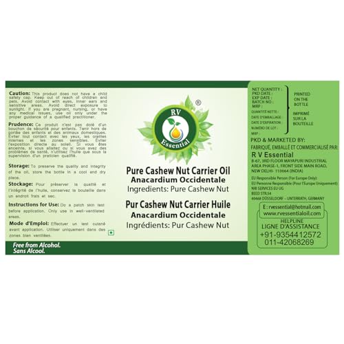 R V Essential Pure Cashew Nut Carrier Oil 30ml (1.01oz)- Anacardium Occidentale (100% Pure and Natural Cold Pressed)