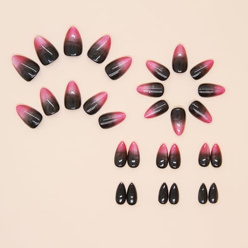 30 Pcs Halloween Press on Nails Short Almond - SHANRUN Rose Red Black Ombre Fake Nails Press ons French Nail Art Tips Glue on Nails Stick on Nails Full Cover Acrylic False Nails with Glitter Design