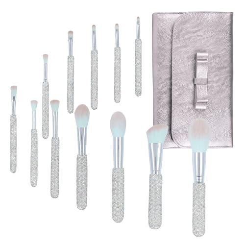 Makeup Brushes Bling Crystal Professional Face Cosmetics Blending Liquid Foundation Powder Concealer Eye Shadows Make Up Beauty Tool Glitter(12PCS) (Purely Handmade) (White)