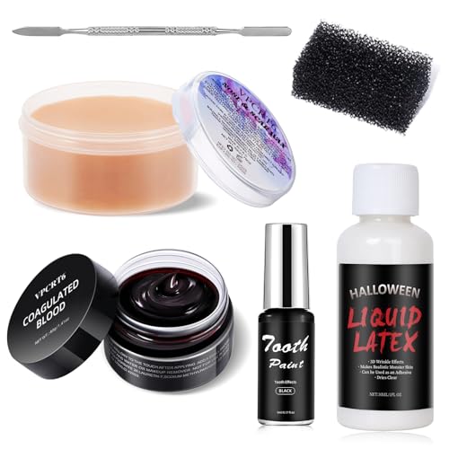 Professional SFX Makeup Kit - Special Effects Makeup Set with Scar Wax, Coagulated Blood, Black Tooth Paint, Sponges for Halloween, Theatre, Cosplay