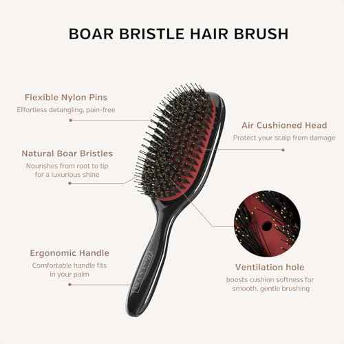 Boar Bristle Hair Brush, Soft Nylon Pins and Boar Bristles for Smoothing, Detangling, Soft Bristle Reducing Breakage and Enhancing Shine, Hairbrush for Women,Men