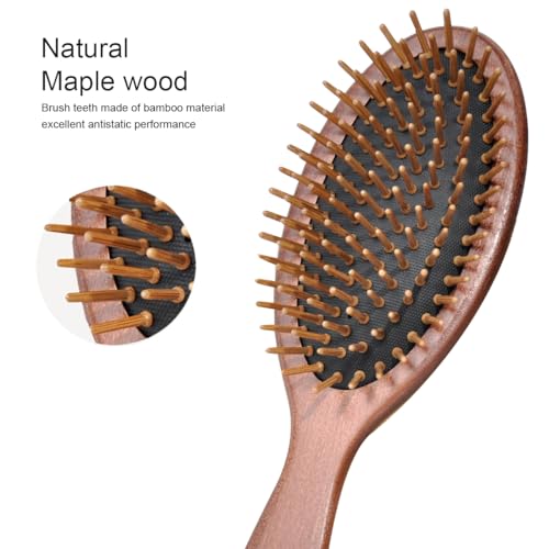 Maji Mama Handmade Wooden Cushion Hair Brush for Women Men Hairbrush with Bamboo Pins Massage Scalp & Detangling for Curly Thick Long Fine Dry Wet Hair (Oval Shape)