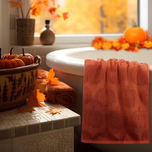 Peryiter Fall Hand Towels Set 3D Pumpkin Jacquard Rust Orange Autumn Decor
