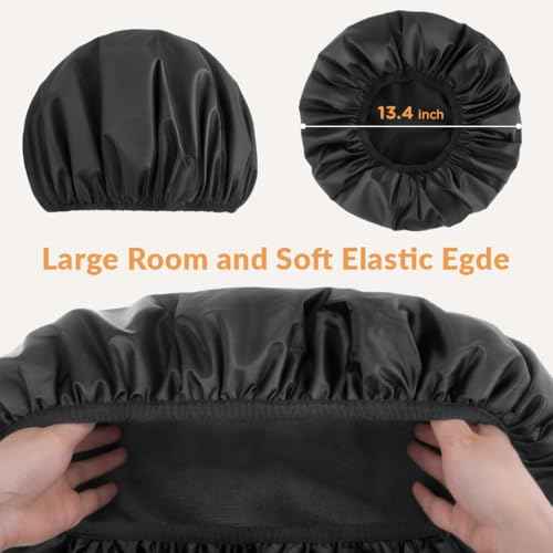 Shower Cap for Women, 2-in-1 Reusable Waterproof Shower Cap with Terry Cloth Lining, Bath Cap for Long Curly Thick Hair(Black)