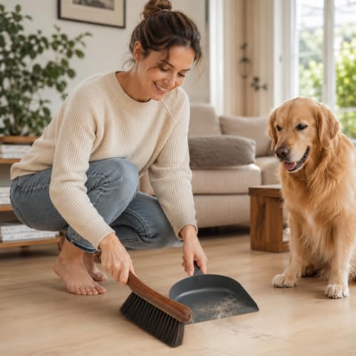 Wooden Hand Broom with Firm Pet Bristles & Curved Handle – Dust & Debris Sweeper