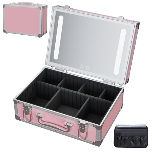 Travel Makeup Case with LED Mirror - Hard Shell Pink Travel Makeup Bag with Mirror - Portable Makeup Organizer with Mirror, Vanity Case for Cosmetics, Adjustable Divider