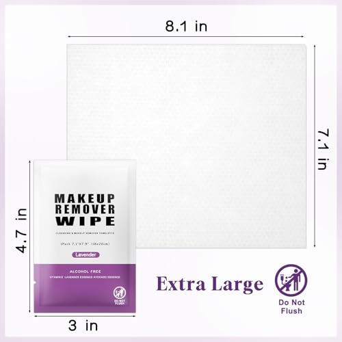 Pack of 50 Makeup Remover Wipes Individually Wrapped,Lavender Scent,Face Cleansing Wipes Bulk, Travel Towelette Makeup Remover Cloth for Face Cleansing Skin Care Remove Makeup