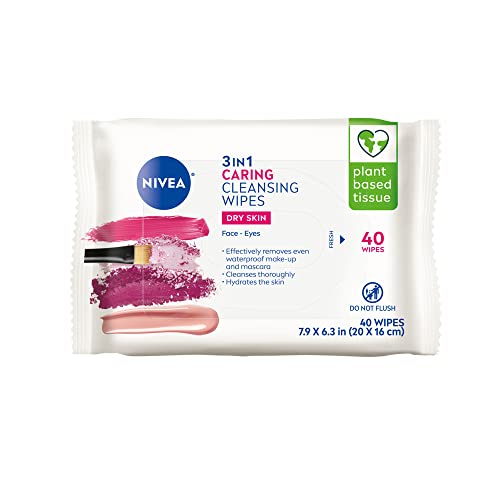 NIVEA 3in1 Caring Cleansing Wipes for Face and Eyes, Effective as a Waterproof Makeup Remover, Gentle Facial Cleanser for Dry and Sensitive Skin, 25 Ct