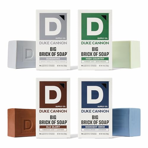 Duke Cannon Supply Co. Big Brick of Soap Bar, Frontier 40 - Fresh Cut Pine, Leaf & Leather, Campfire & Midnight Swim, Extra Large, Masculine Scents, 10 oz. (Variety, 4 Pack)