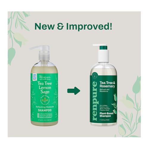 Renpure Plant Based Tea Tree and Rosemary Refresh and Rebalance Shampoo - Soothes Dry Scalp - Delivers Moisture and Shine - Rids Hair of Grime - Dye Free - Recyclable, Pump Bottle Design - 24 fl oz