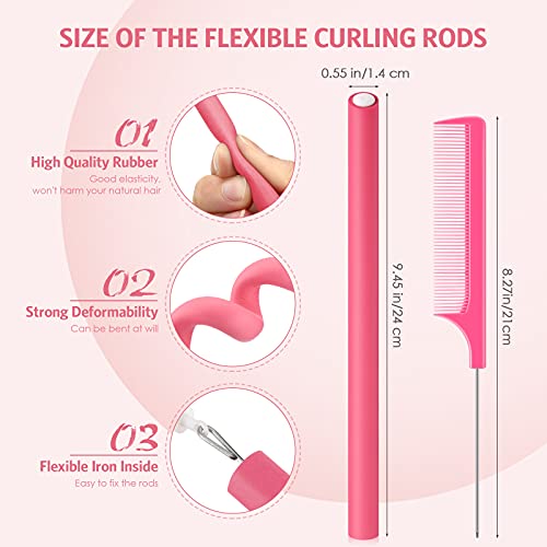 Syhood 30 Pcs Flexible Curling Rods 9.45" Twist Foam Hair Rollers Soft Foam No Heat Hair Rods Rollers and 1 Steel Pintail Comb Rat Tail Comb for Women Long Short Hair(Pink,9.45 x 0.55 Inch)