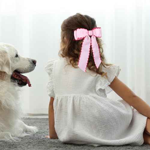 5 Inch Hair Bow Clips Edged Grosgrain Ribbon Hairpins Handmade Hair Accessories with Alligator Clips for Girls Women, Pink with Rose Red