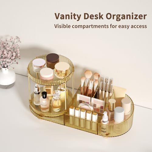 Rotating Makeup Organizer with 2 Perfume Trays & 5 Compartments - Space Saving Vanity Storage