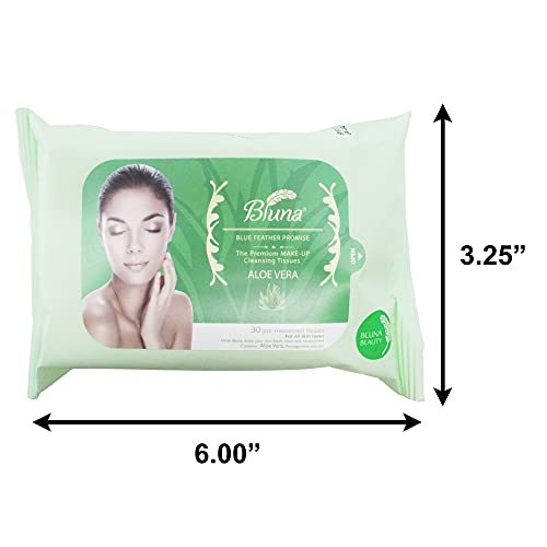 Bluna Facial Make-Up Cleansing Tissue for All Skin Types, Aloe Vera, 30ct per pack (2 PACK)