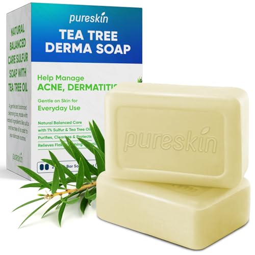 PURESKIN Sulfur & Tea-Tree-Oil Soap Bar: Natural Balanced Cleansing for Oily, Acne Dermatitis-Prone & Irritated Skin ? Helps Reduce Body Odor & Blemishes ? 2 Pack