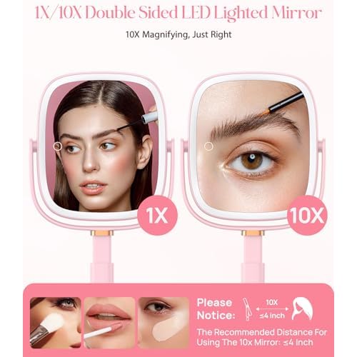 Gospire Rectangle Lighted Makeup Mirror with Lights 3 Color, Height Adjustable and 1X/10X Magnifying, 4000mAh Rechargeable Battery for Bedroom, 8.5¡±x7.4¡± Large Surface, Stepless Dimming - Pink