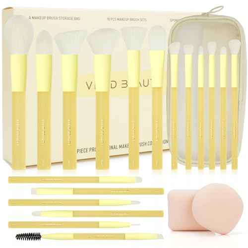 Yellow Make Up Brush Set ? 18PCS Makeup Brushes for Powder, Foundation, Eyeshadow ? With Rubber Coated Handles, Painted Aluminum Ferrules, Travel Bag & 2 Makeup Sponges? For Women & Beginners