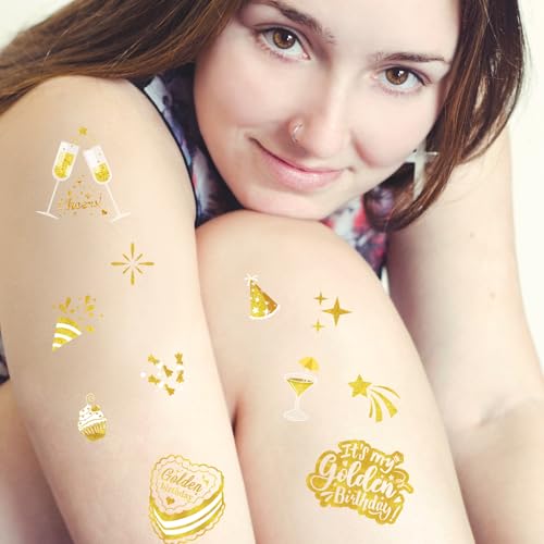 Golden Birthday Temporary Tattoos, 100 Gold Styles - Stay Golden Birthday Temporary Tattoos Decorations for Girls Women and Men Birthday Party Supplies Favors Accessory Gift