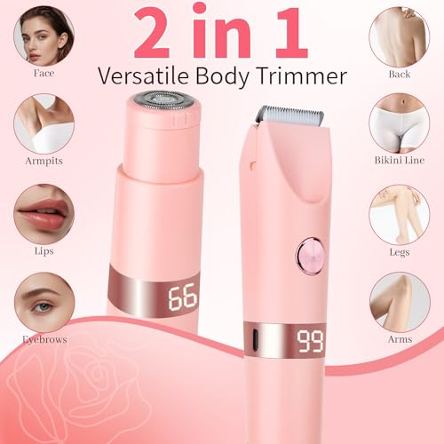 2-in-1 Electric Shaver & Bikini Trimmer with LED Display for Women & Men£¬IPX7 Waterproof Wet/Dry Electric Razor with Dual Head, Rechargeable Painless Body & Facial Hair Remover (Pink)