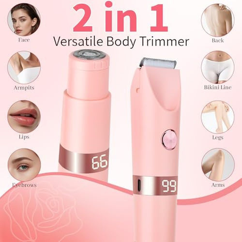 2-in-1 Electric Shaver & Bikini Trimmer with LED Display for Women & Men£¬IPX7 Waterproof Wet/Dry Electric Razor with Dual Head, Rechargeable Painless Body & Facial Hair Remover (Pink)