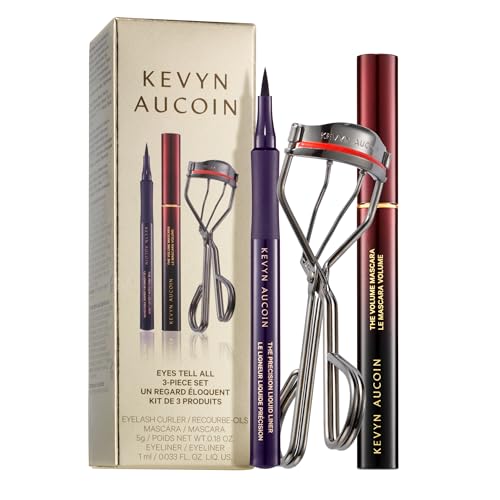 Kevyn Aucoin Eyes Tell All 3-Piece Set: Includes Professional Eyelash Curler, Volume Mascara (Full Size) & Precision Liquid Liner in Black (Full Size). Eye Defining Eyelash + Liner Trio.