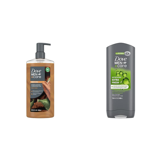 DOVE MEN + CARE Sandalwood Cardamom Oil and Extra Fresh Body Wash Duo for Healthier Smoother Skin, 26 oz and 13.5 oz