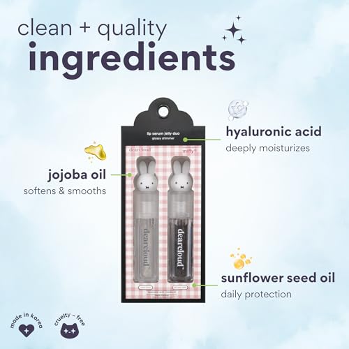 dearcloud Miffy Lip Serum Jelly Duo - Hydrating Lip Gloss for Women with Hyaluronic Acid, Rosehip & Jojoba Seed Oils- Korean Skin Care pH Color Changing Lip Gloss Set