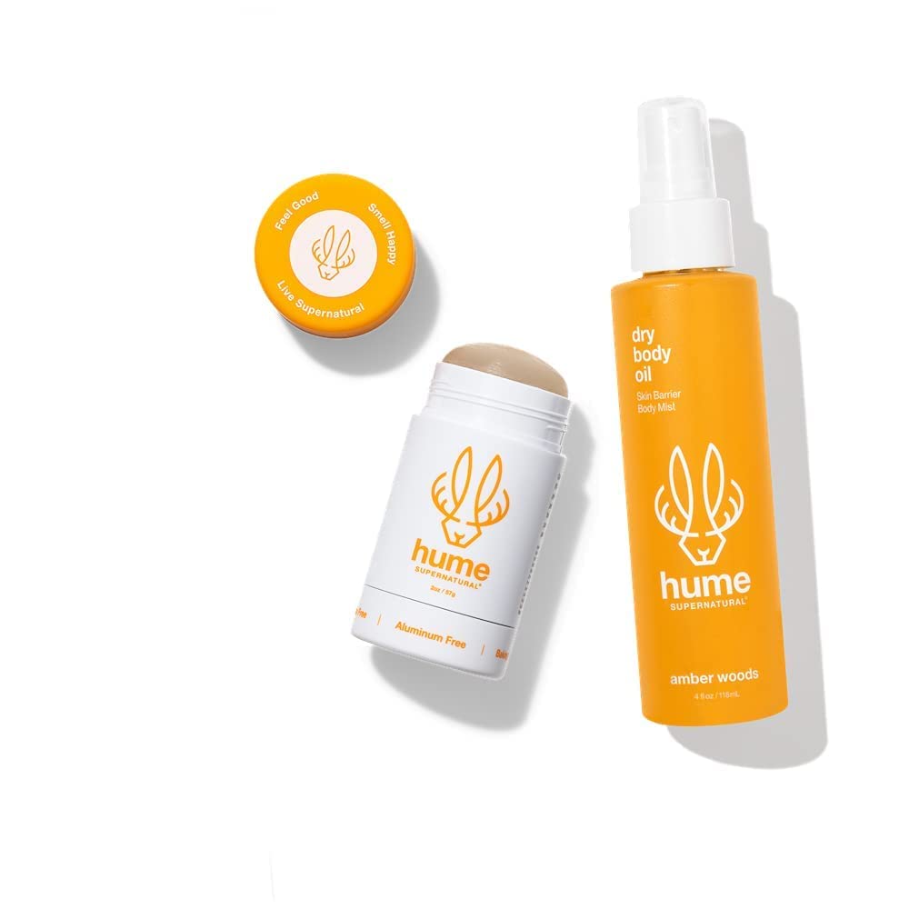 HUME SUPERNATURAL Dry Body Oil Spray - Ultra Hydrating Oil for Dry Skin, Light and Nourishing Body Oils for Women and Men, Dry Oil Body Spray for Long-Lasting Moisture (Amber Woods 2-Pack)