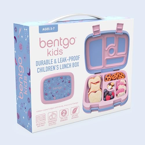 Bentgo Kids Prints Leak-Proof, 5-Compartment Bento-Style Kids Lunch Box - Ideal Portion Sizes for Ages 3-7, Durable, Drop-Proof, Dishwasher Safe, & Made with BPA-Free Materials (Lavender Galaxy)