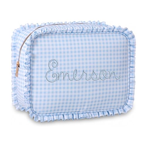 Personalized Light Blue Ruffle Gingham Cosmetic Bag 10.5x8x4.5