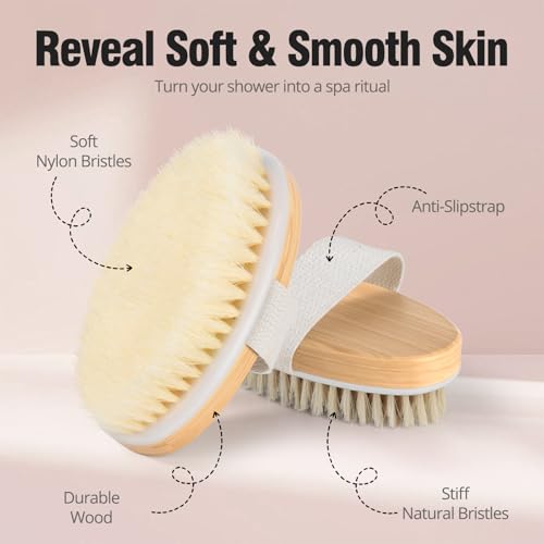 Dry Body Brush with Natural Soft Bristles for Exfoliation & Lymphatic Drainage – 2 Pack