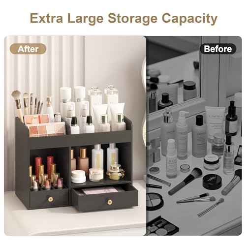 Large Makeup Organizer with Drawers, Bamboo Countertop Cosmetic Storage for Dresser Vanity Organizer Beauty Desk Skincare Holders Container Make Up Organizing for Lipstick