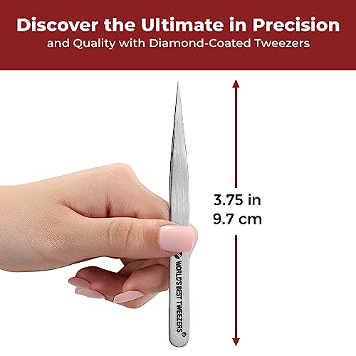 World's Best Tweezers Diamond Tip Splinter Tweezers - Diamond Coated, Professional Precision Needle Nose Pointed Tweezer for Ingrown Hair, Splinter, Ticks, and Glass Removal - Stainless Steel