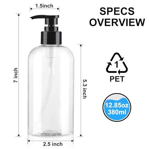 Empty Pump Bottles Dispenser 12.85oz/380ml, Refillable Clear BPA-Free Plastic Pump Bottle for Shampoo, Lotion, Soap and Massage Oil, 2 Pack