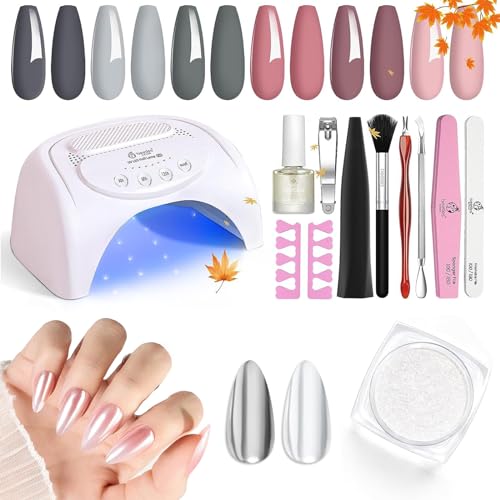 Beetles Gel Nail Polish Kit with U V Light 48W Led Nail Lamp 6 Colors Christmas beetles Gel Polish Chrome Nail Powder for Gel Nails, 1g Glazed Silver Nail Powder Mirror Effect Nail Manicure